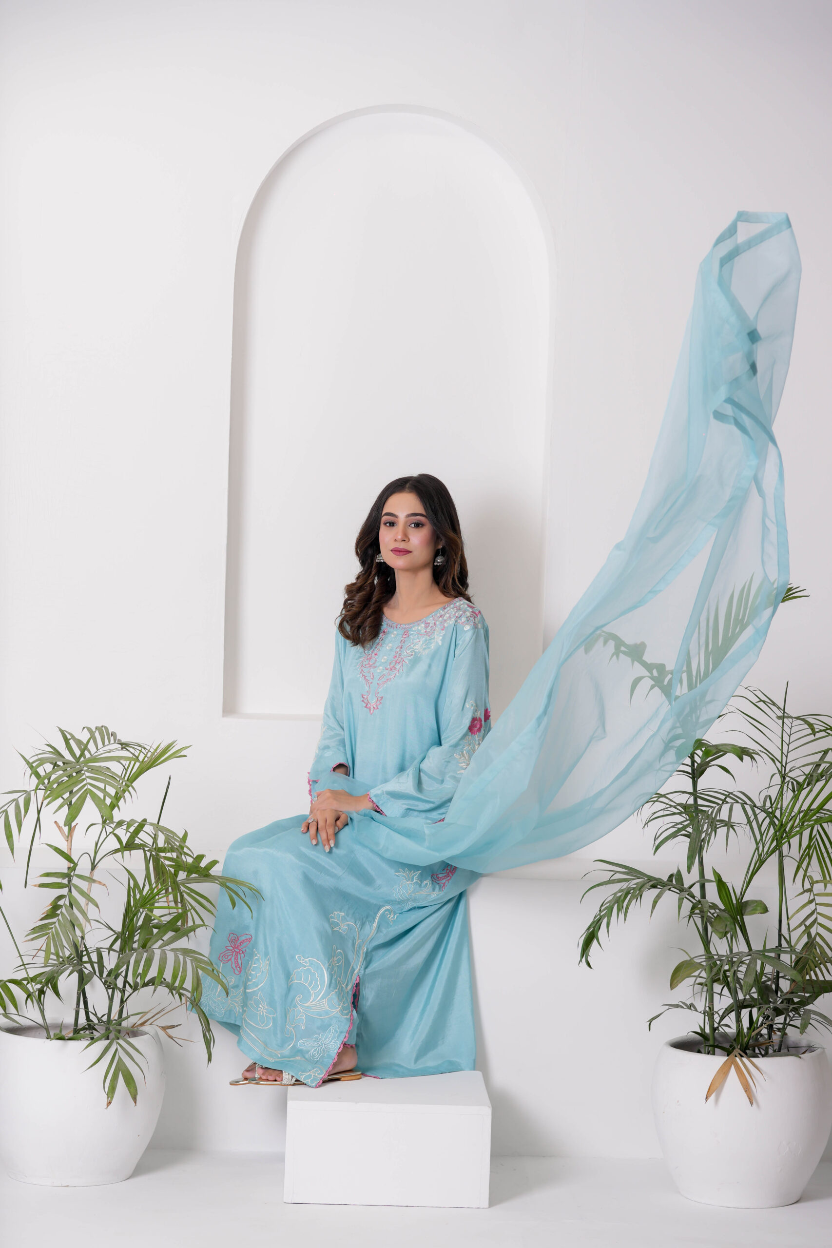 Sky Blue Embroidered Lawn Dress for Women – Elegant Pakistani Designer Wear | Sadia Seema - Image 2