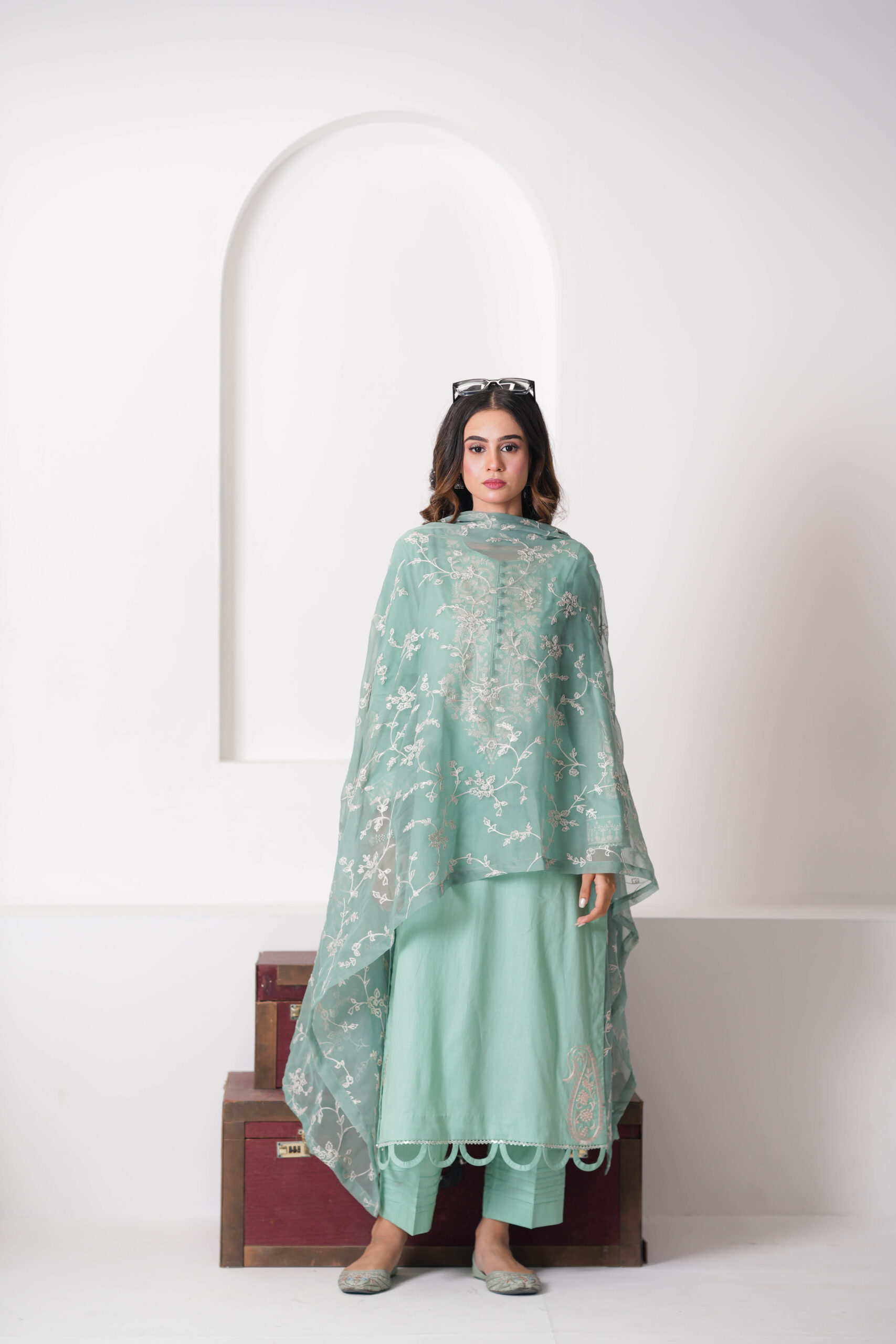 Lean Green Cotton Embroidered 3 Piece Suit for Women – Elegant Pakistani Designer Dress | Sadia Seema - Image 2