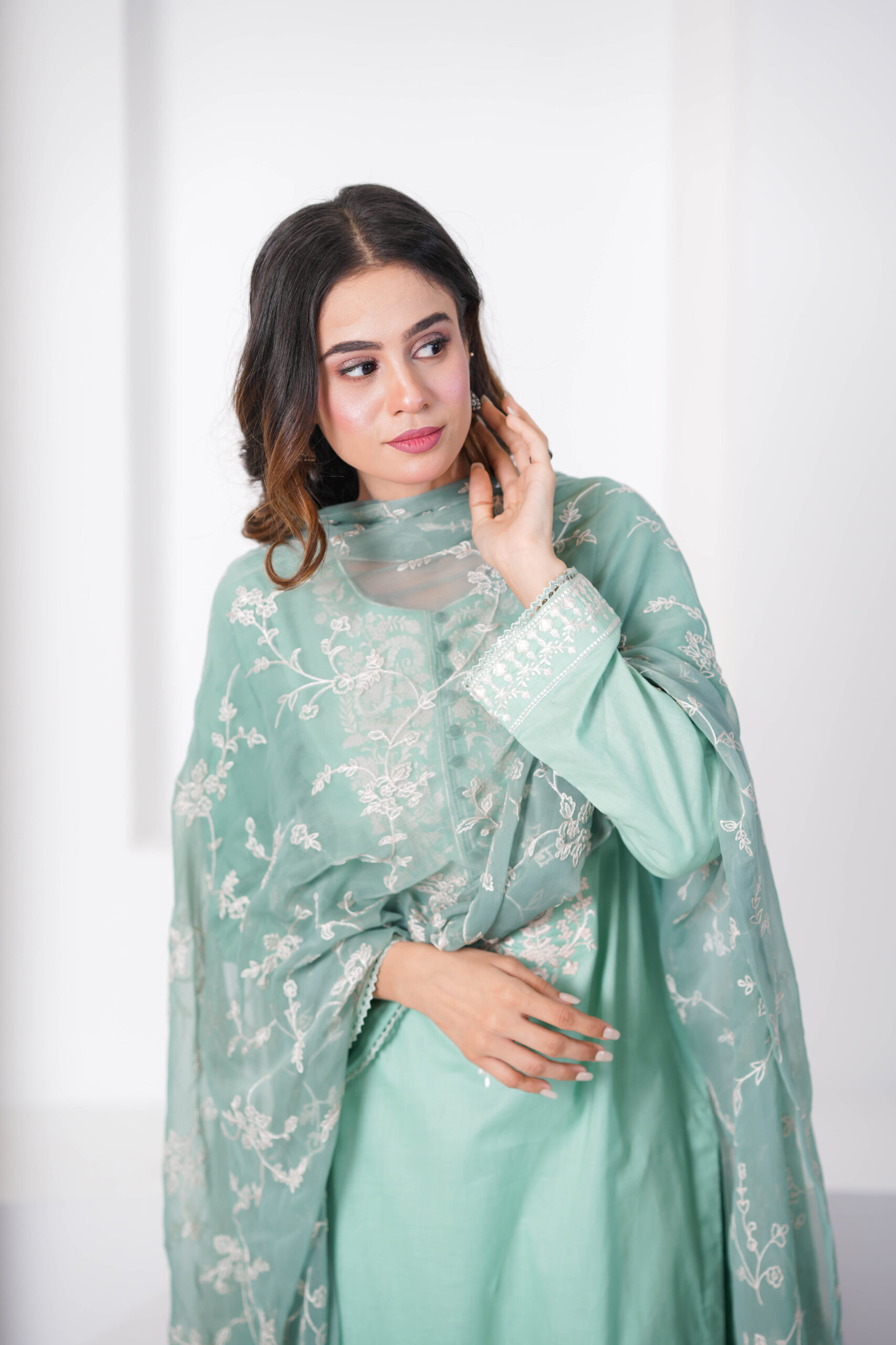 Lean Green Cotton Embroidered 3 Piece Suit for Women – Elegant Pakistani Designer Dress | Sadia Seema - Image 12