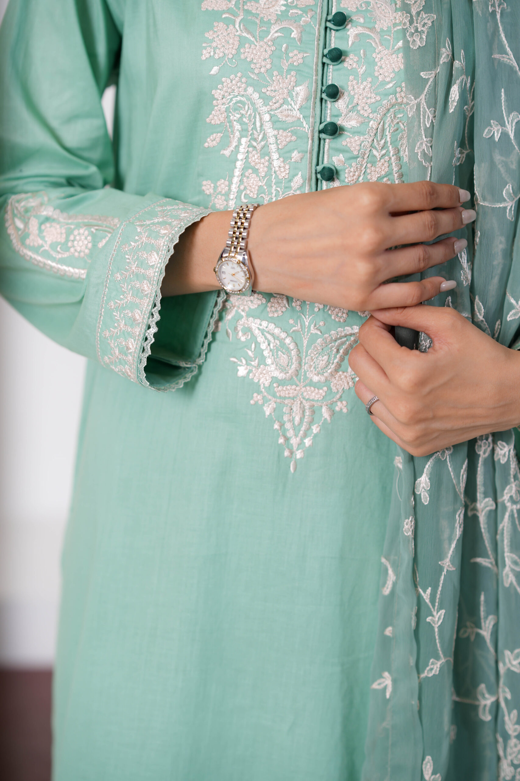 Lean Green Cotton Embroidered 3 Piece Suit for Women – Elegant Pakistani Designer Dress | Sadia Seema - Image 10