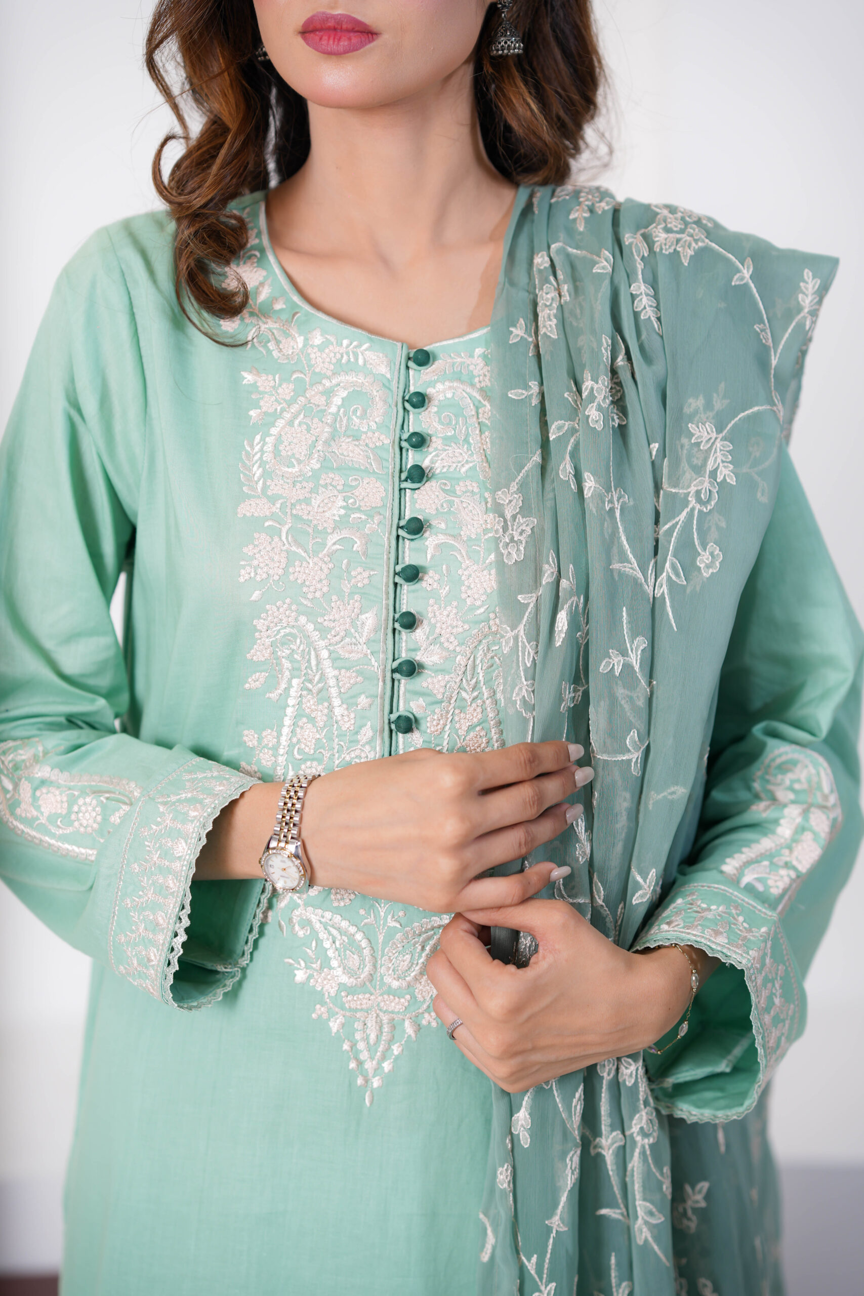 Lean Green Cotton Embroidered 3 Piece Suit for Women – Elegant Pakistani Designer Dress | Sadia Seema - Image 9