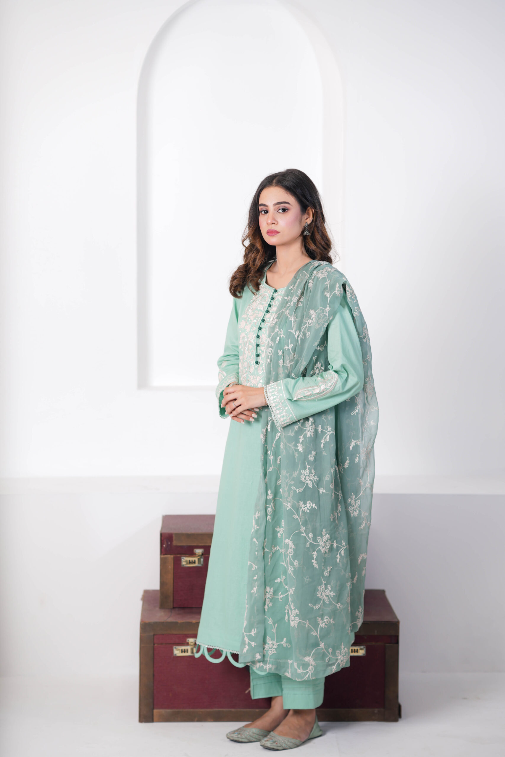 Lean Green Cotton Embroidered 3 Piece Suit for Women – Elegant Pakistani Designer Dress | Sadia Seema - Image 5