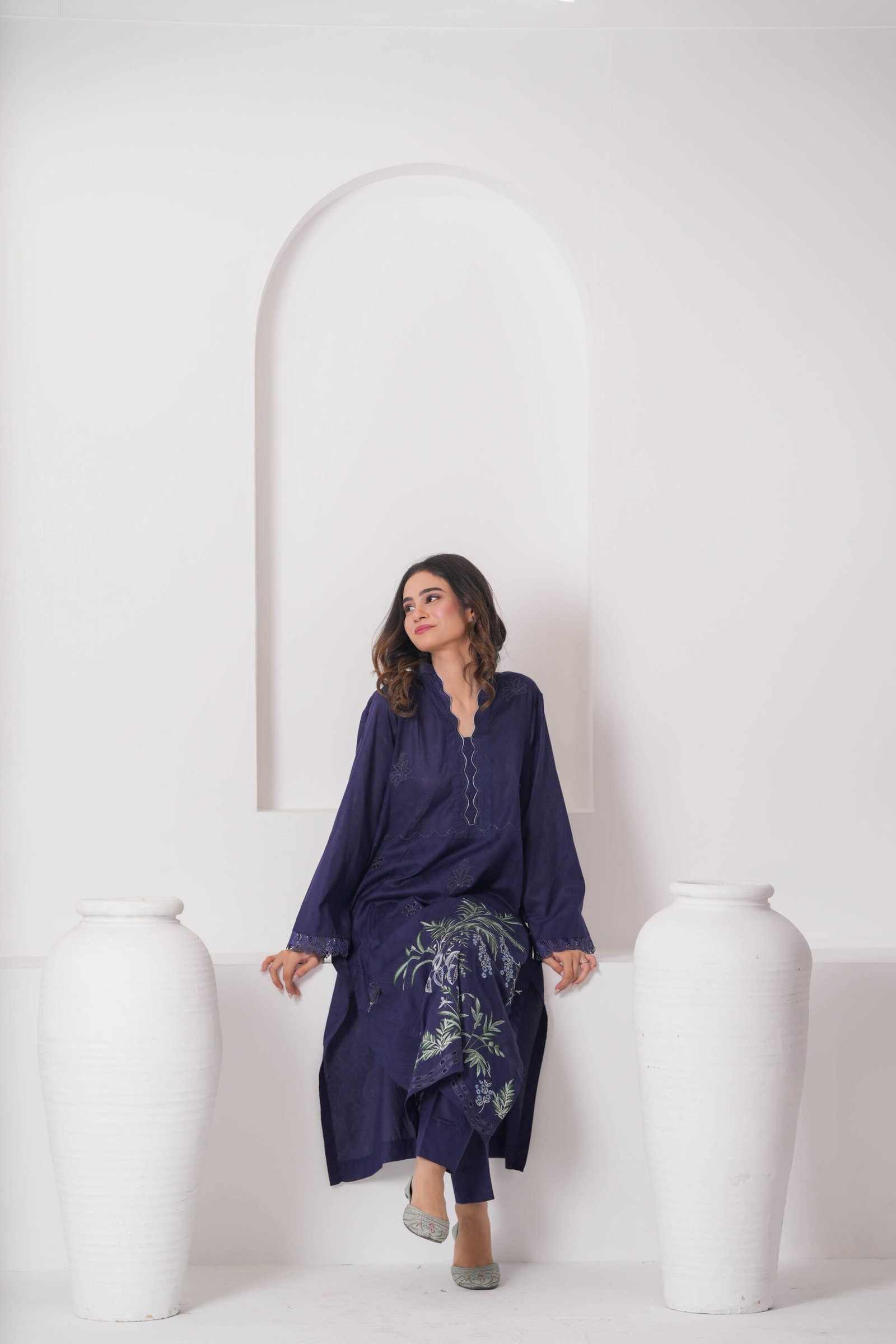 French Navy Embroidered Dress for Women – Elegant Pakistani Designer Outfit | Sadia Seema