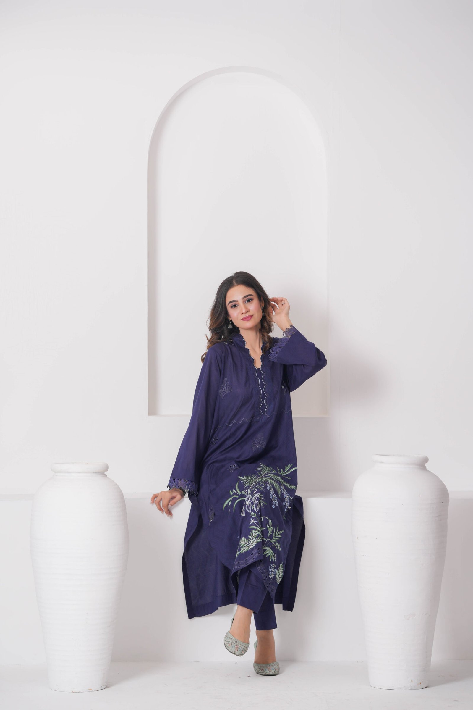 French Navy Embroidered Dress for Women – Elegant Pakistani Designer Outfit | Sadia Seema - Image 2