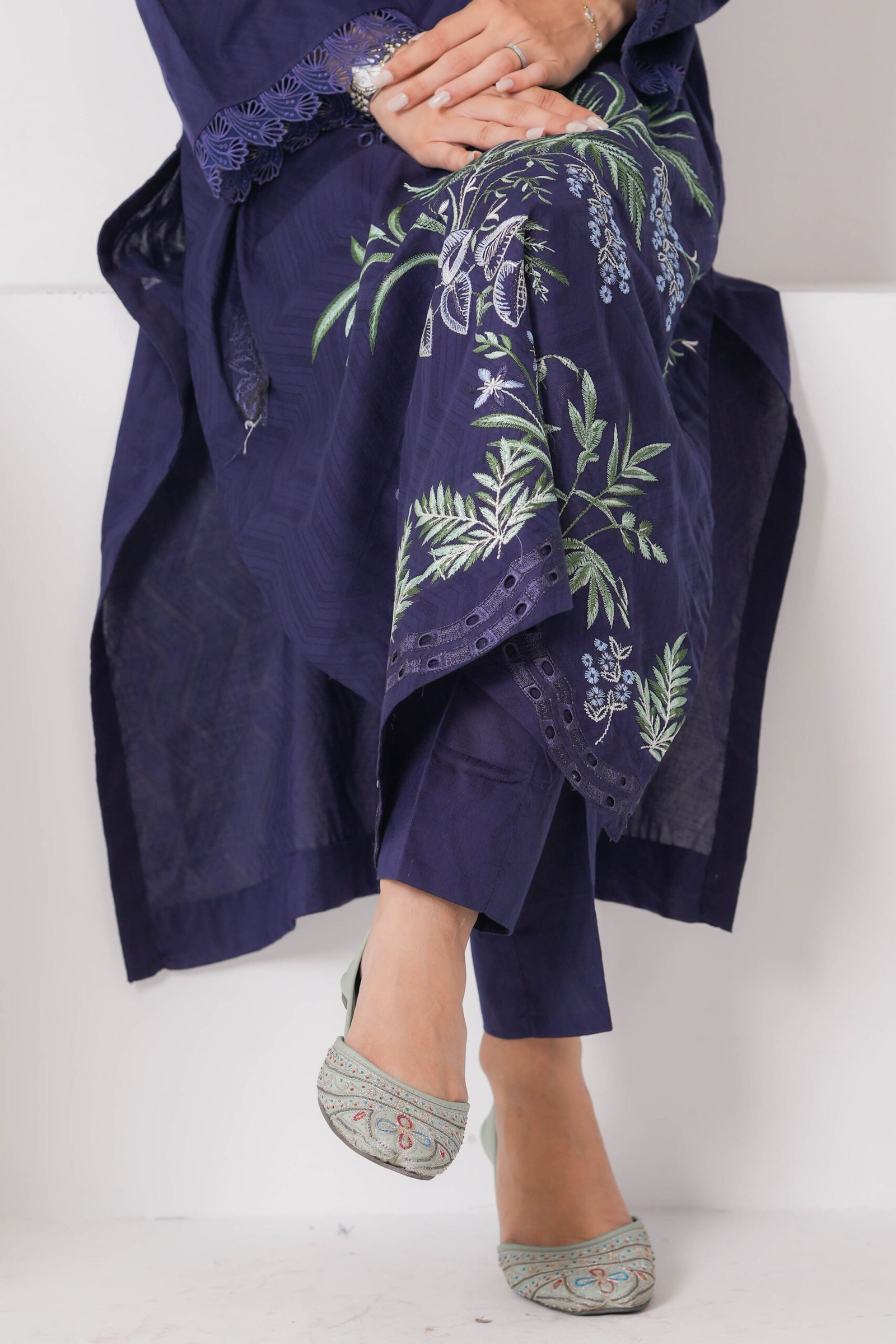 French Navy Embroidered Dress for Women – Elegant Pakistani Designer Outfit | Sadia Seema - Image 16