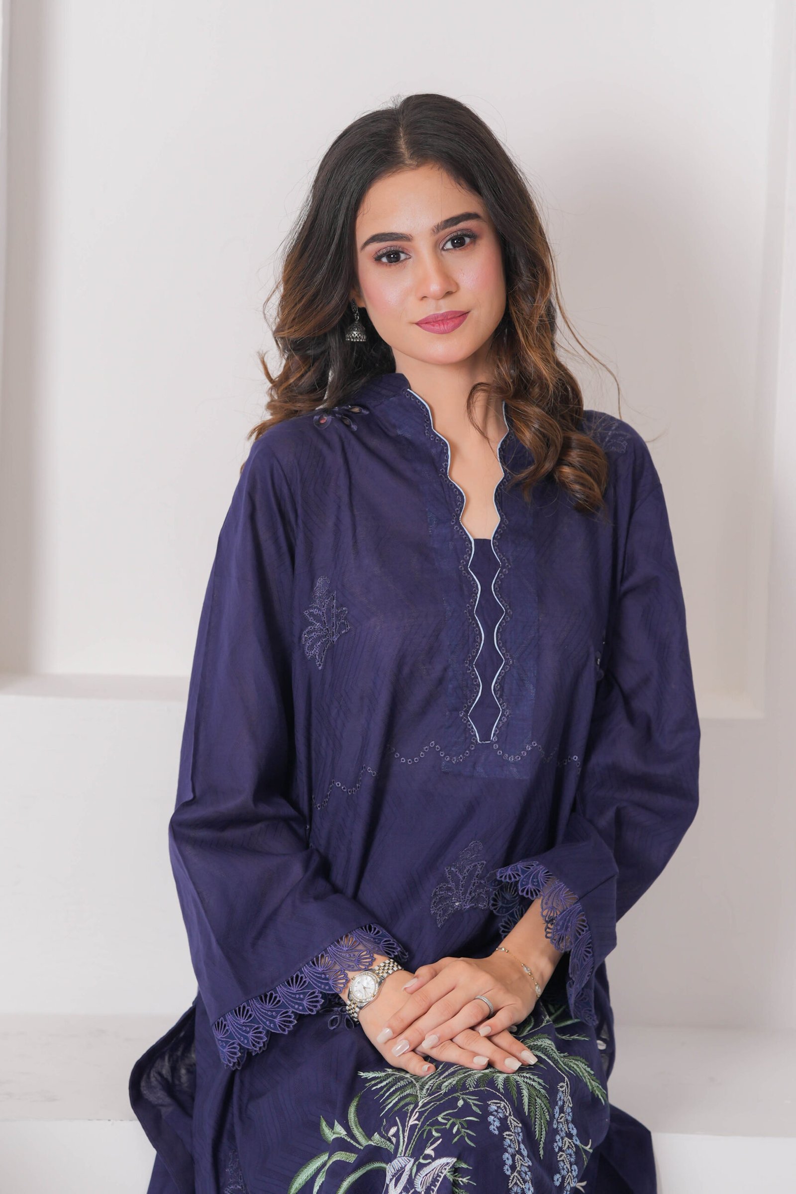 French Navy Embroidered Dress for Women – Elegant Pakistani Designer Outfit | Sadia Seema - Image 15