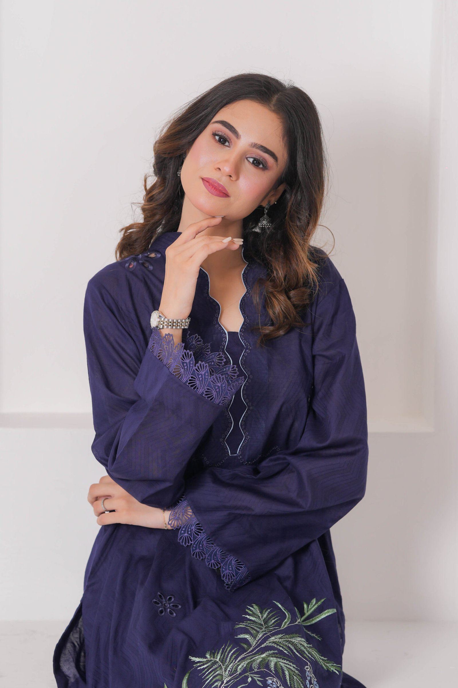 French Navy Embroidered Dress for Women – Elegant Pakistani Designer Outfit | Sadia Seema - Image 13
