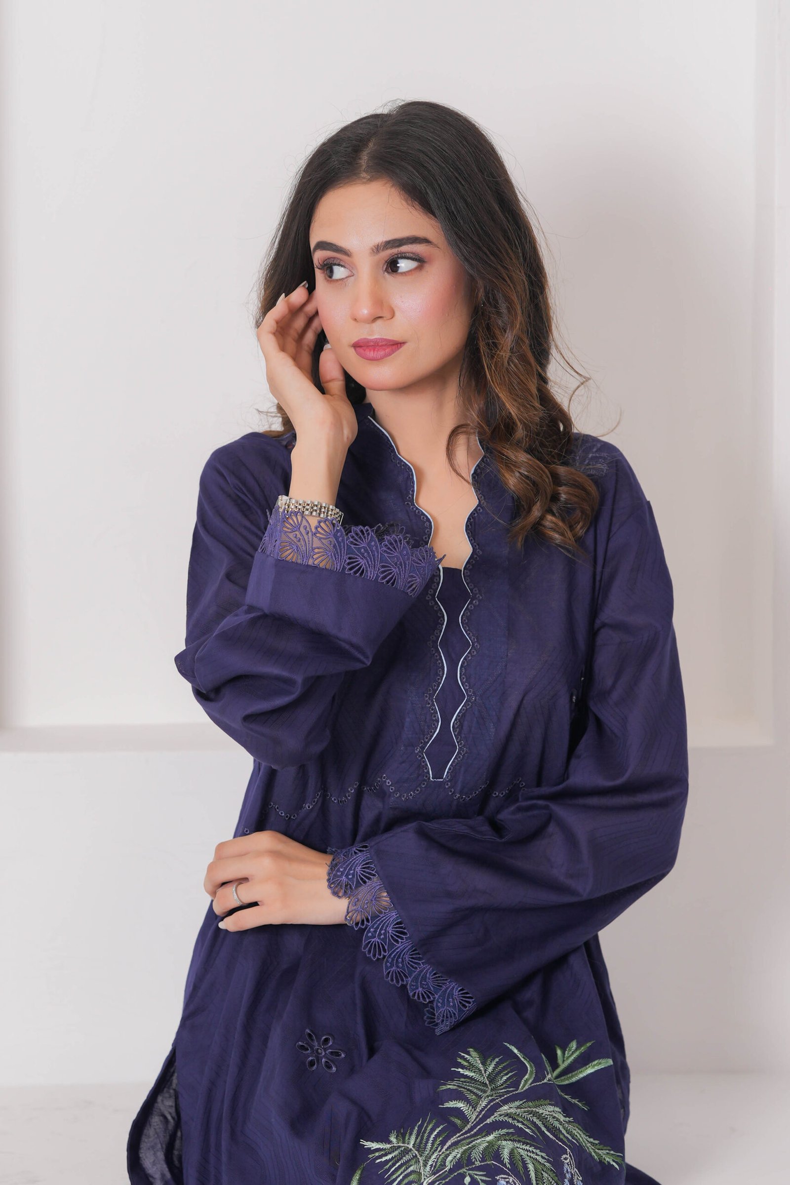 French Navy Embroidered Dress for Women – Elegant Pakistani Designer Outfit | Sadia Seema - Image 12