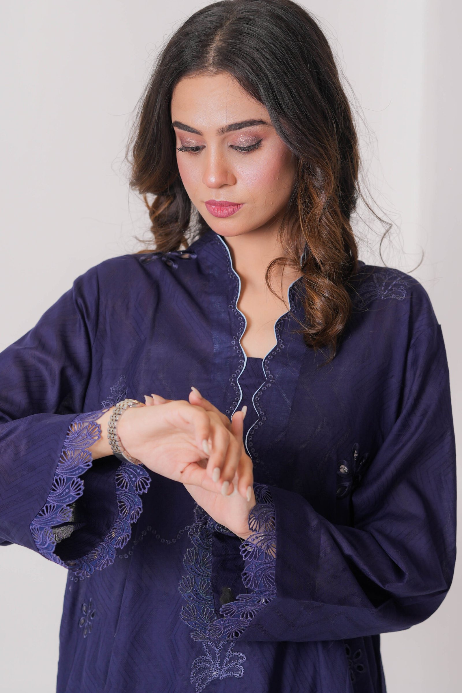 French Navy Embroidered Dress for Women – Elegant Pakistani Designer Outfit | Sadia Seema - Image 11