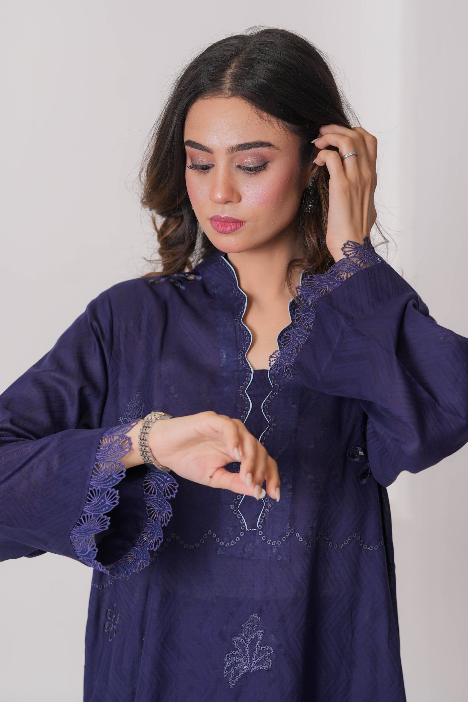 French Navy Embroidered Dress for Women – Elegant Pakistani Designer Outfit | Sadia Seema - Image 10