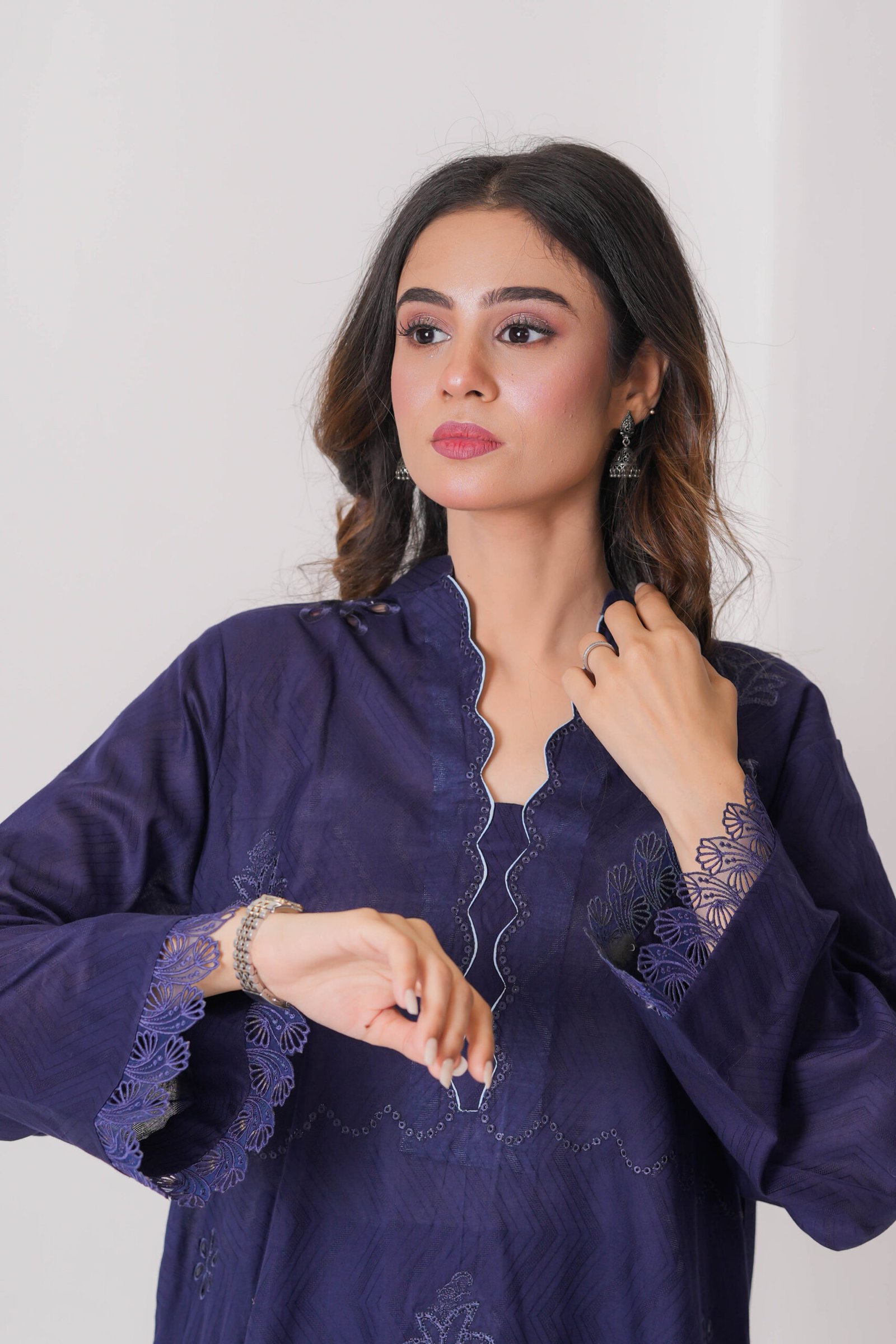 French Navy Embroidered Dress for Women – Elegant Pakistani Designer Outfit | Sadia Seema - Image 9