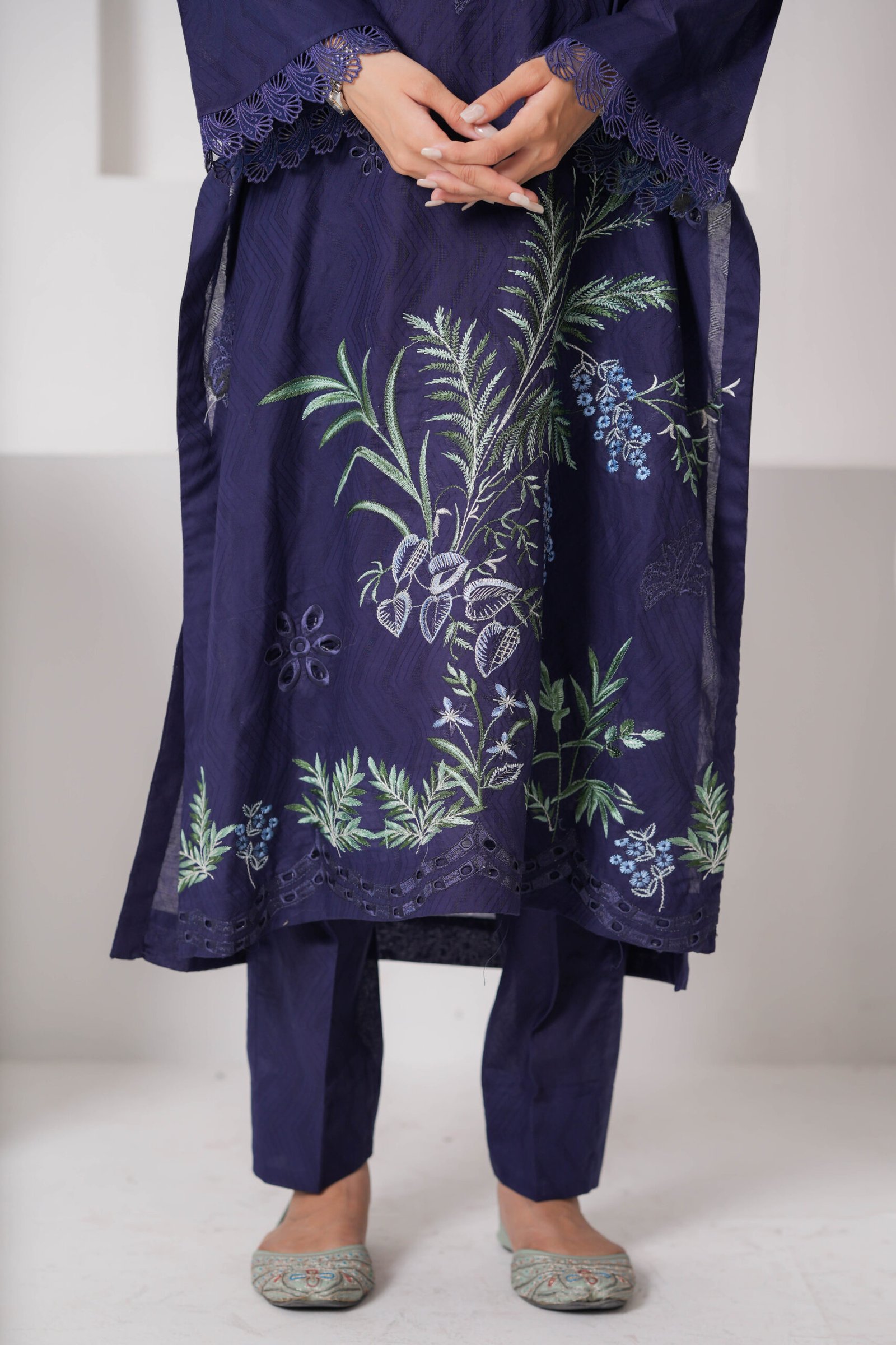 French Navy Embroidered Dress for Women – Elegant Pakistani Designer Outfit | Sadia Seema - Image 5
