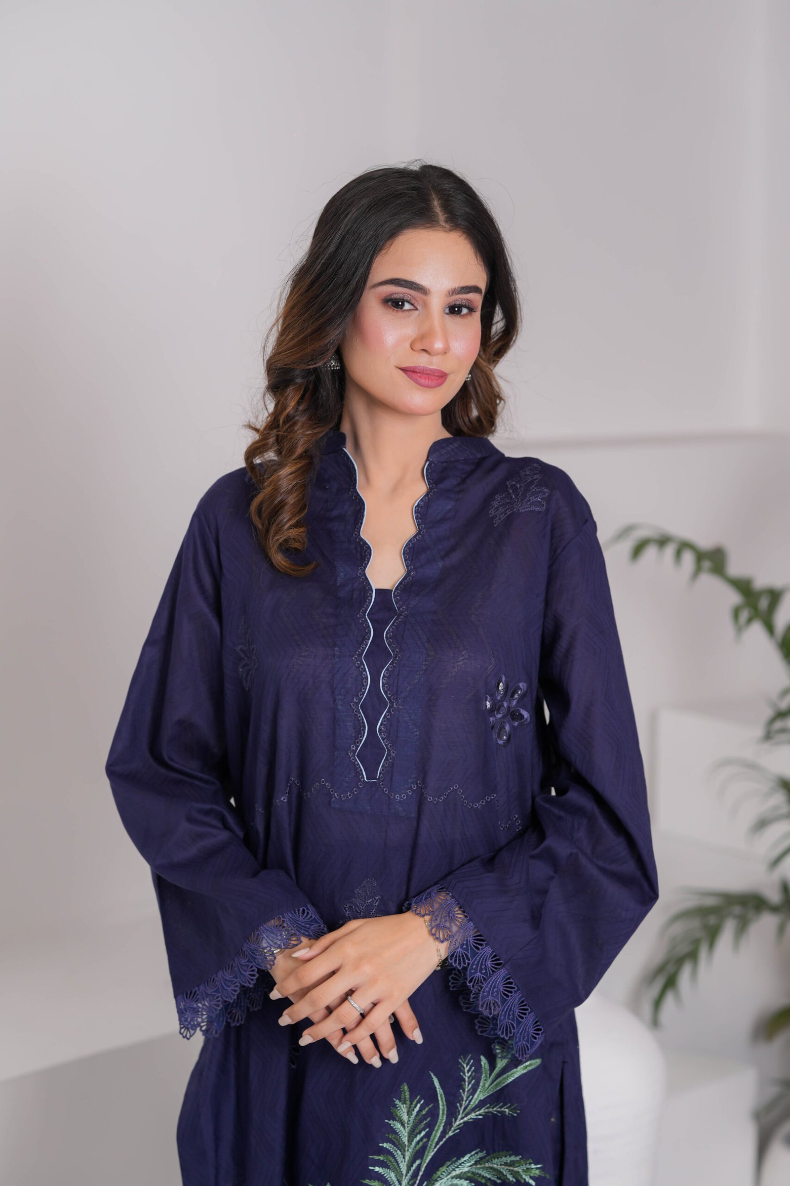French Navy Embroidered Dress for Women – Elegant Pakistani Designer Outfit | Sadia Seema - Image 4