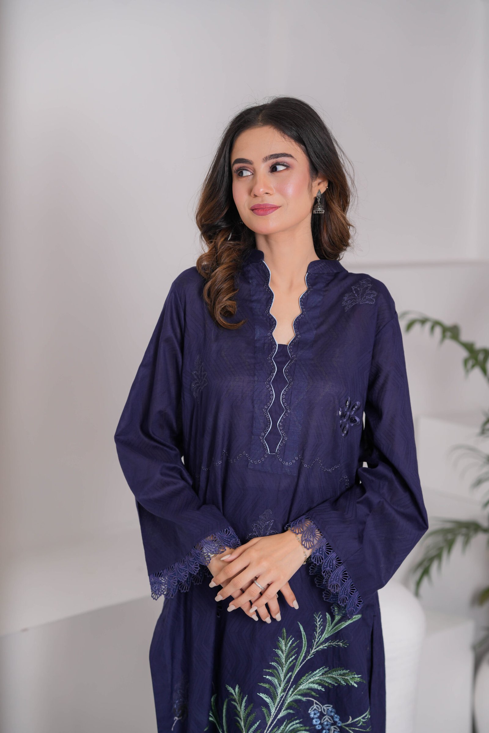 French Navy Embroidered Dress for Women – Elegant Pakistani Designer Outfit | Sadia Seema - Image 3