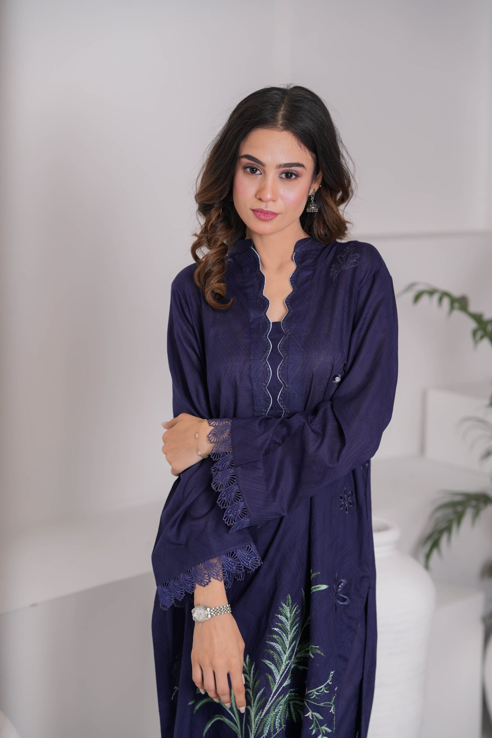 French Navy Embroidered Dress for Women – Elegant Pakistani Designer Outfit | Sadia Seema - Image 17