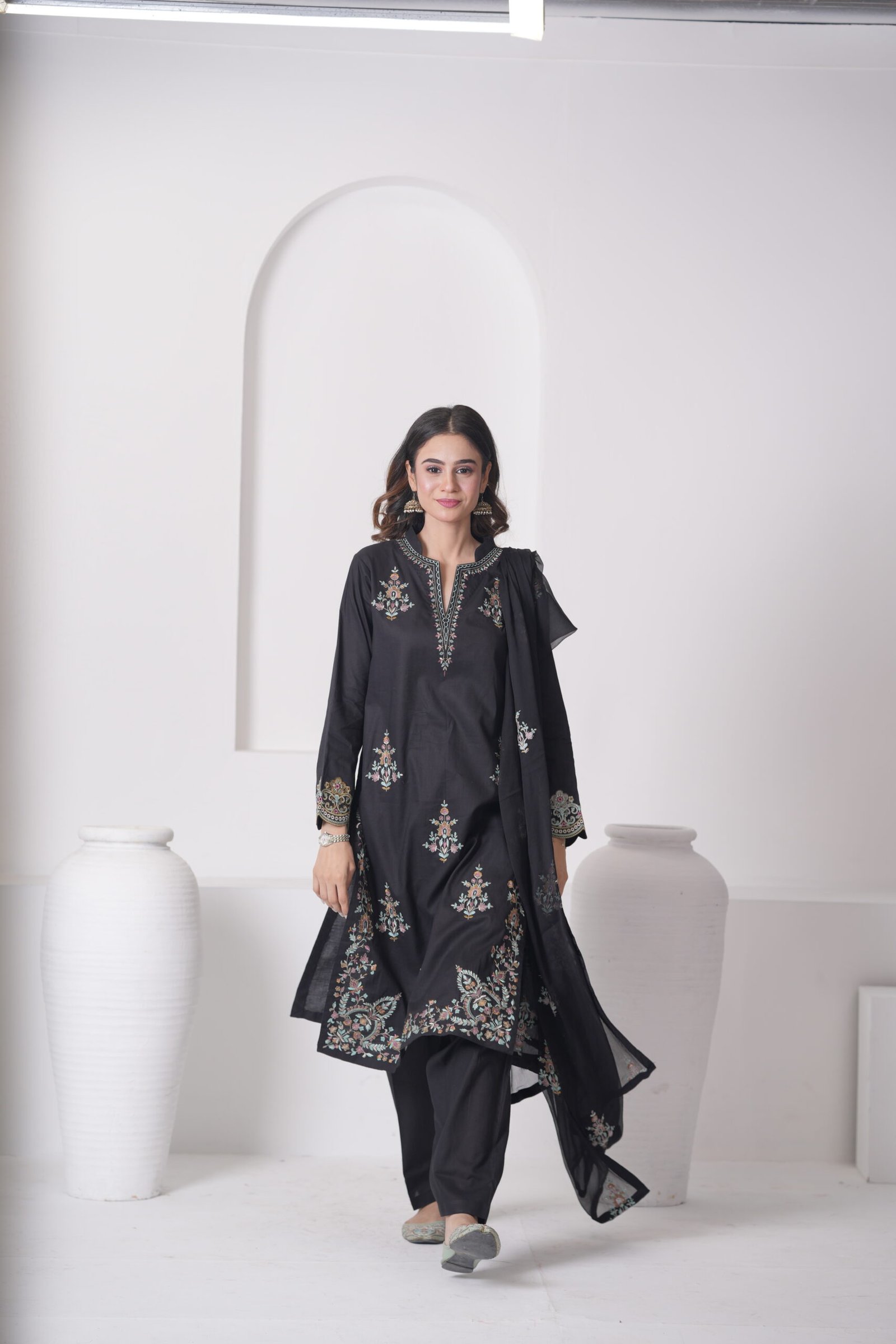 Black Aura Cotton Embroidered Dress with Chiffon Dupatta – Luxury Pakistani Designer Wear | Sadia Seema - Image 16