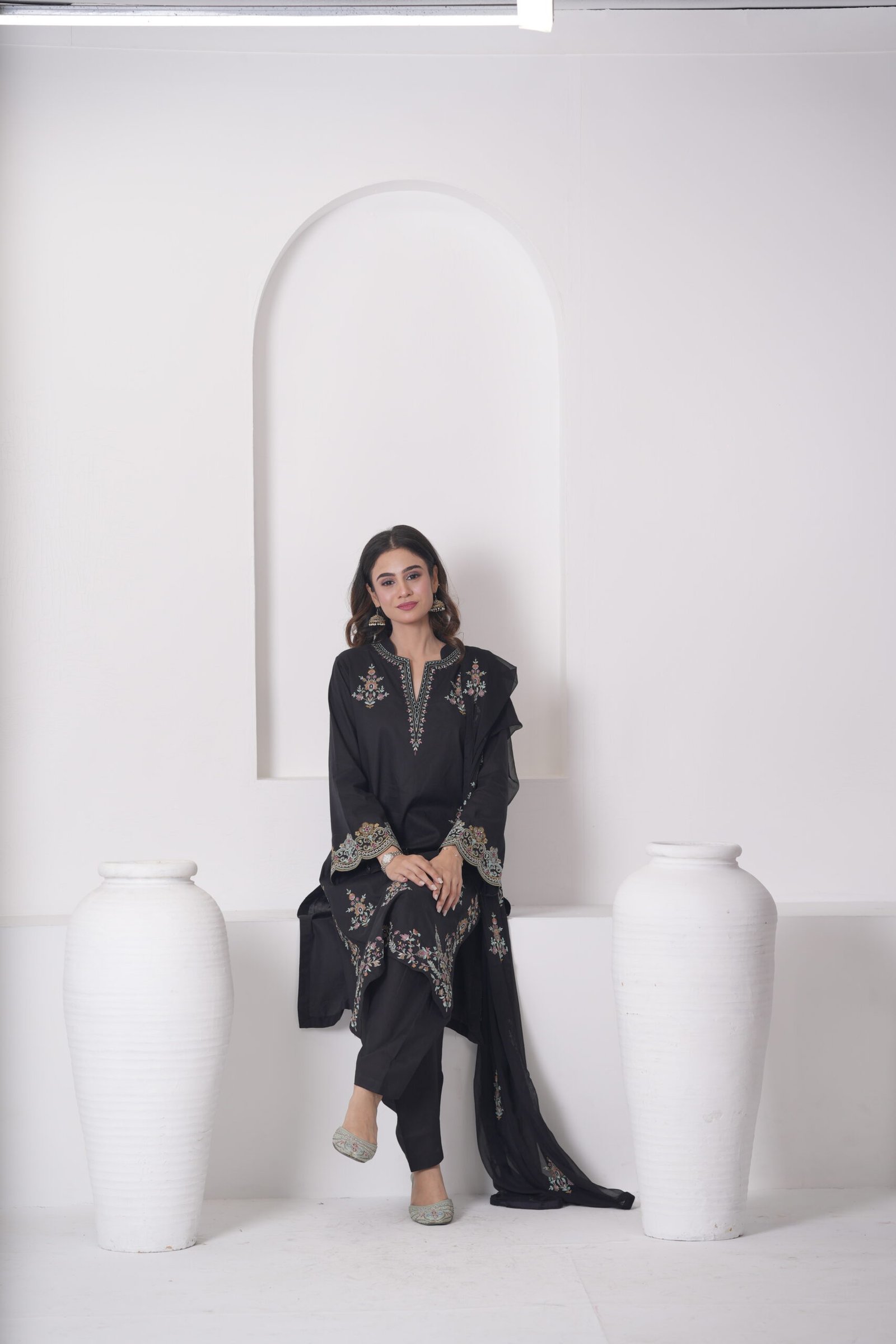 Black Aura Cotton Embroidered Dress with Chiffon Dupatta – Luxury Pakistani Designer Wear | Sadia Seema - Image 15