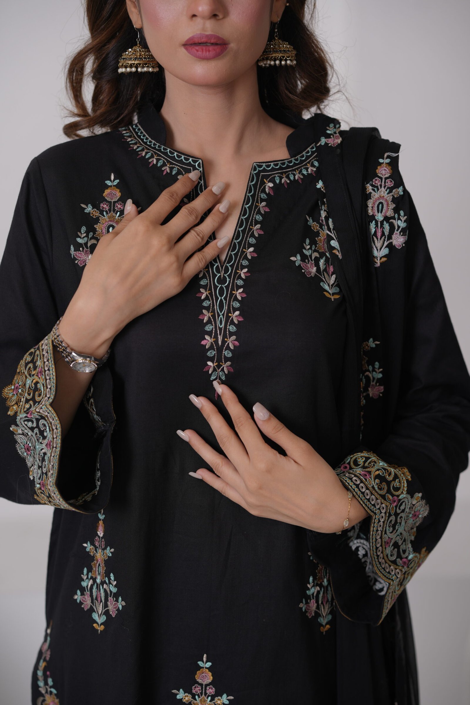 Black Aura Cotton Embroidered Dress with Chiffon Dupatta – Luxury Pakistani Designer Wear | Sadia Seema - Image 13
