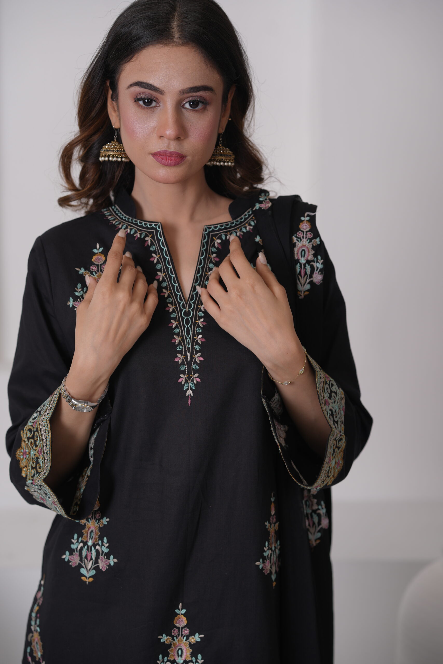Black Aura Cotton Embroidered Dress with Chiffon Dupatta – Luxury Pakistani Designer Wear | Sadia Seema - Image 9