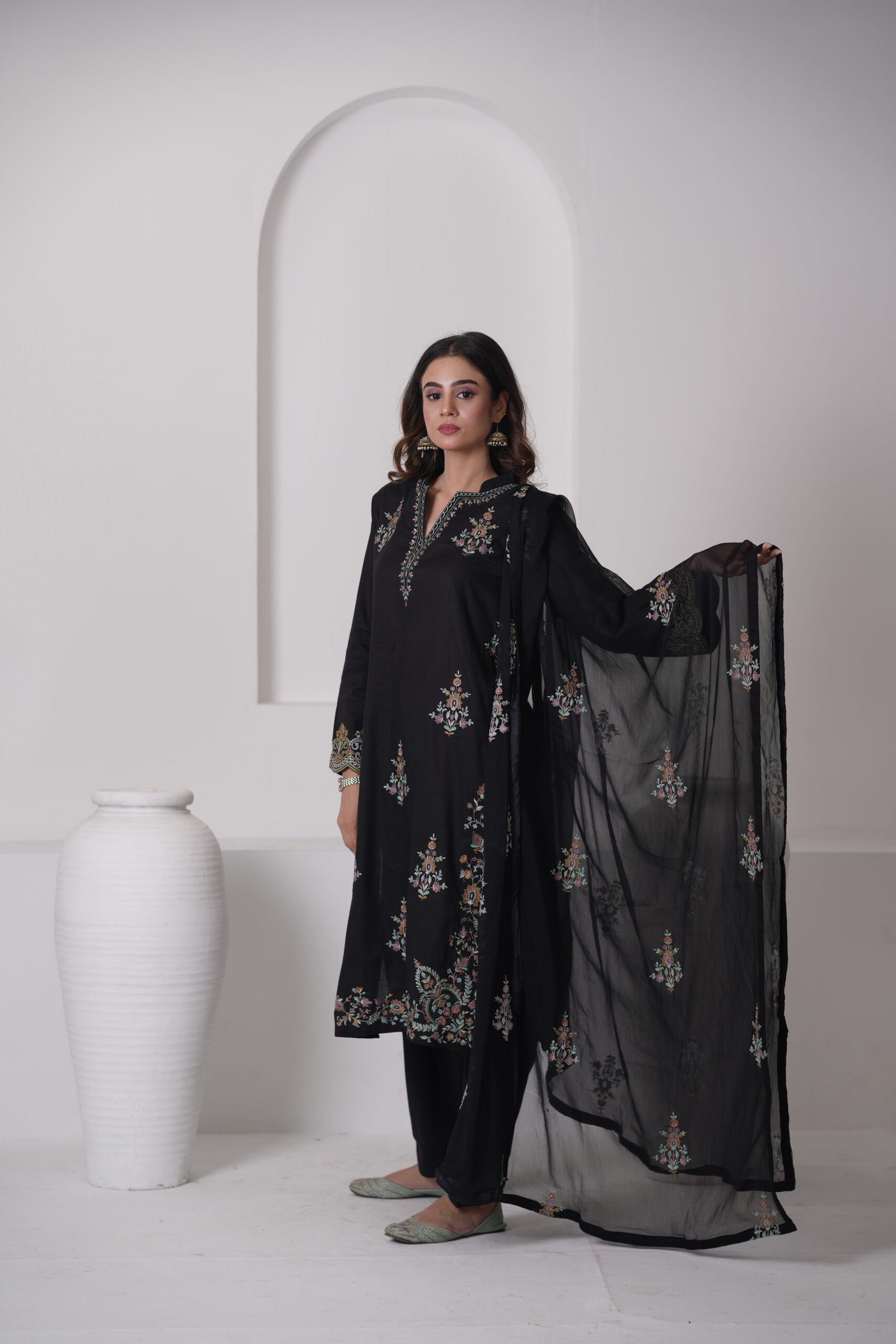Black Aura Cotton Embroidered Dress with Chiffon Dupatta – Luxury Pakistani Designer Wear | Sadia Seema - Image 3