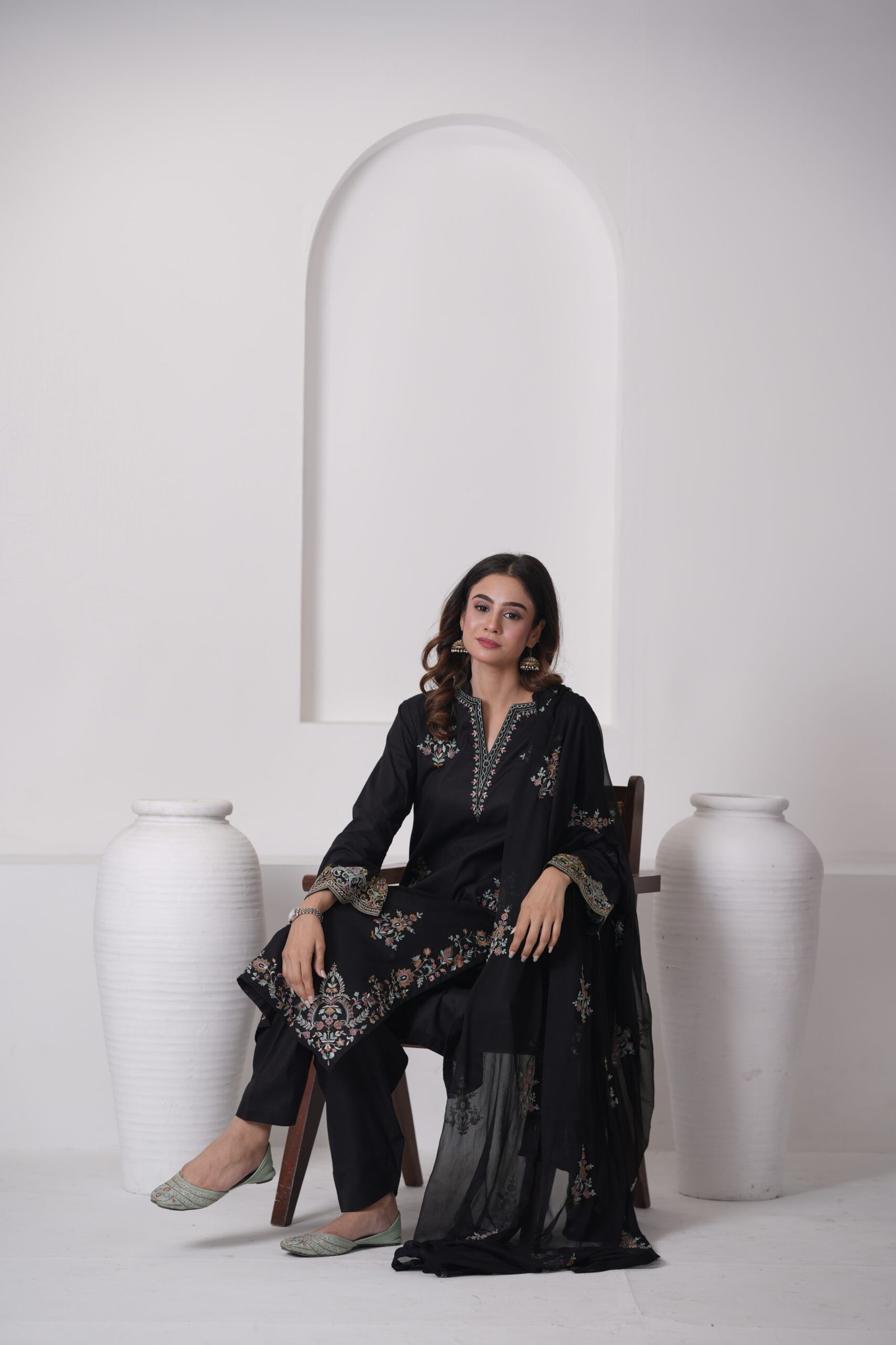 Black Aura Cotton Embroidered Dress with Chiffon Dupatta – Luxury Pakistani Designer Wear | Sadia Seema - Image 2