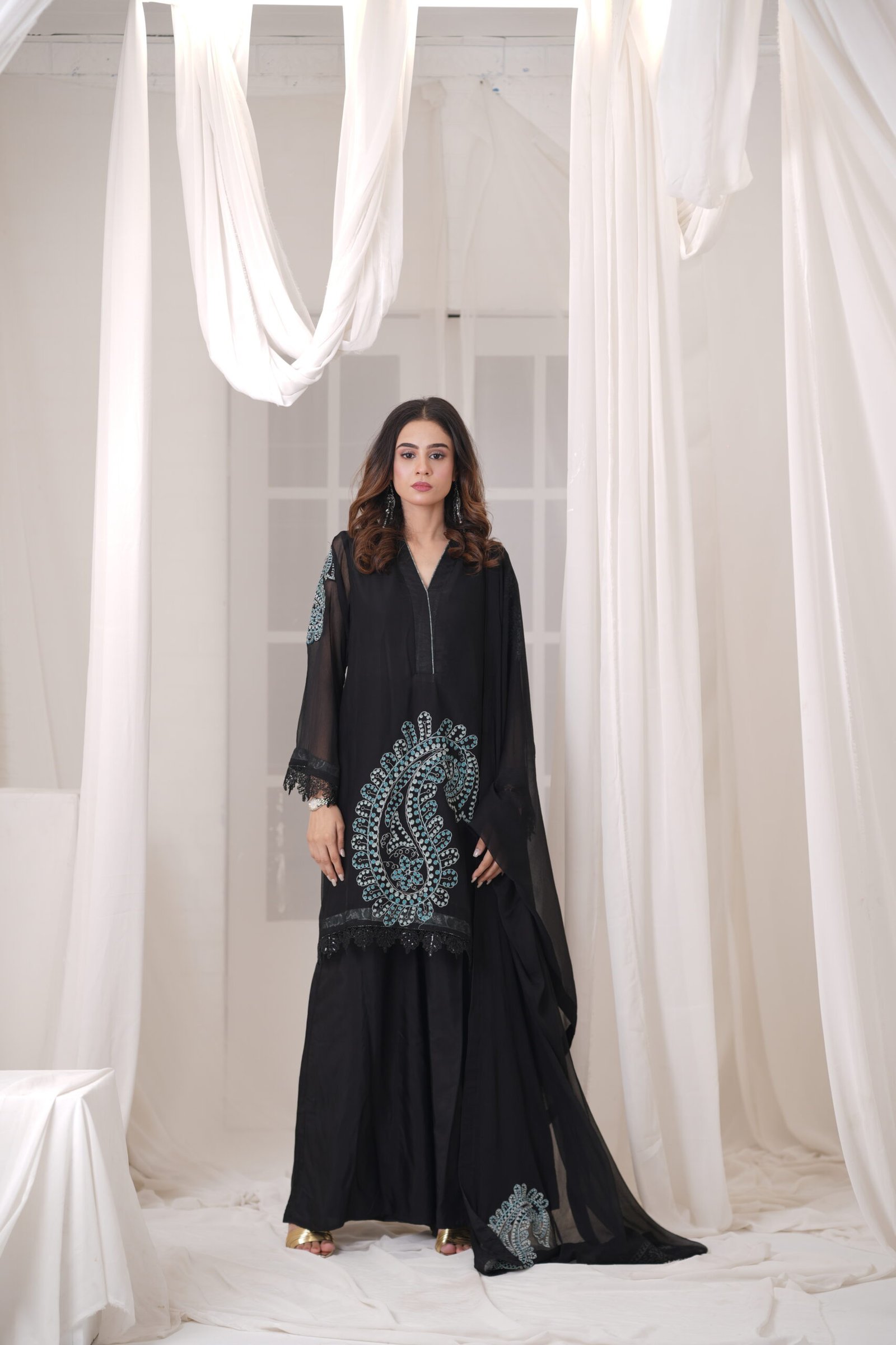 Rich Black Chiffon Embroidered 3 Piece Suit for Women – Luxury Pakistani Designer Dress | Sadia Seema