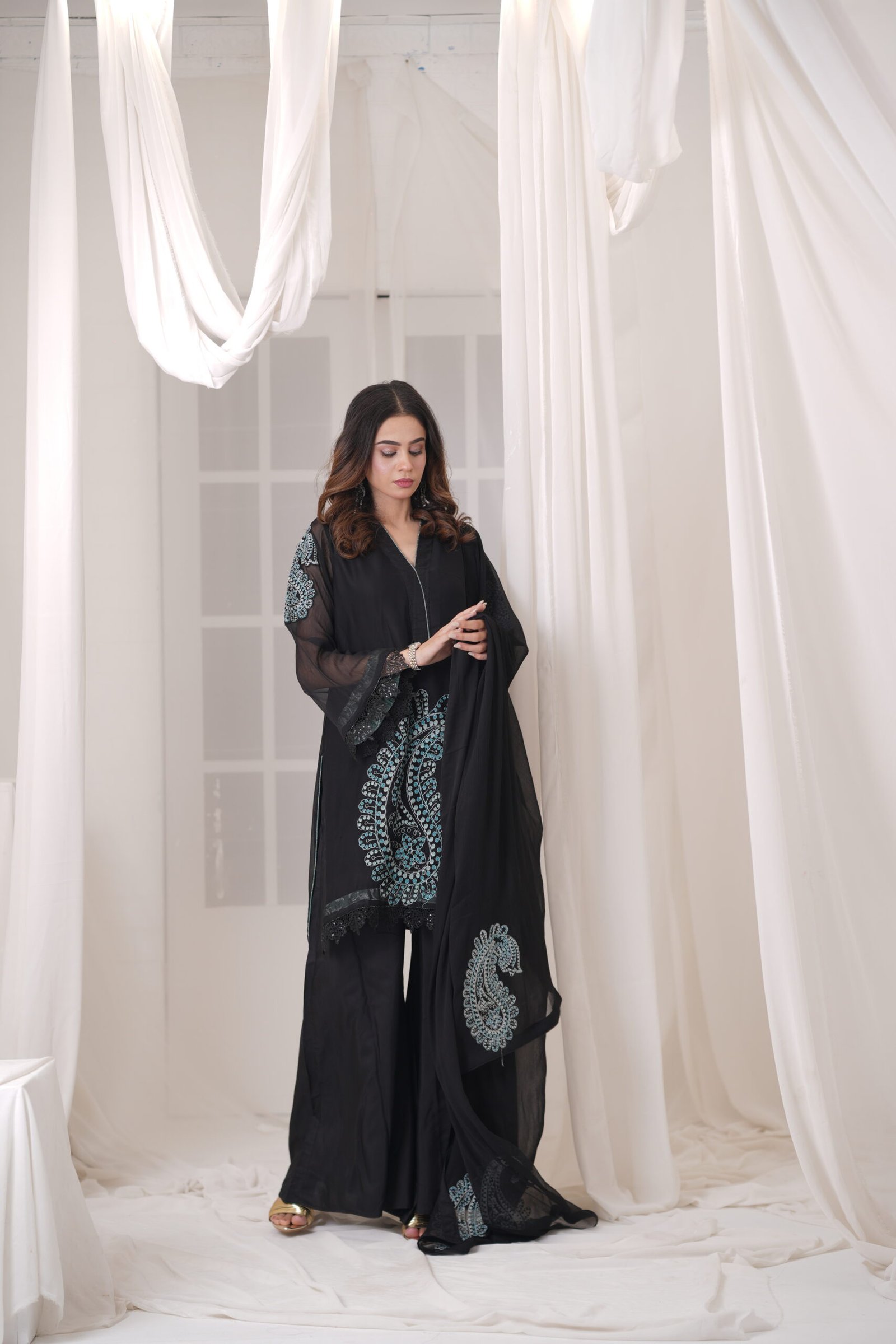Rich Black Chiffon Embroidered 3 Piece Suit for Women – Luxury Pakistani Designer Dress | Sadia Seema - Image 2