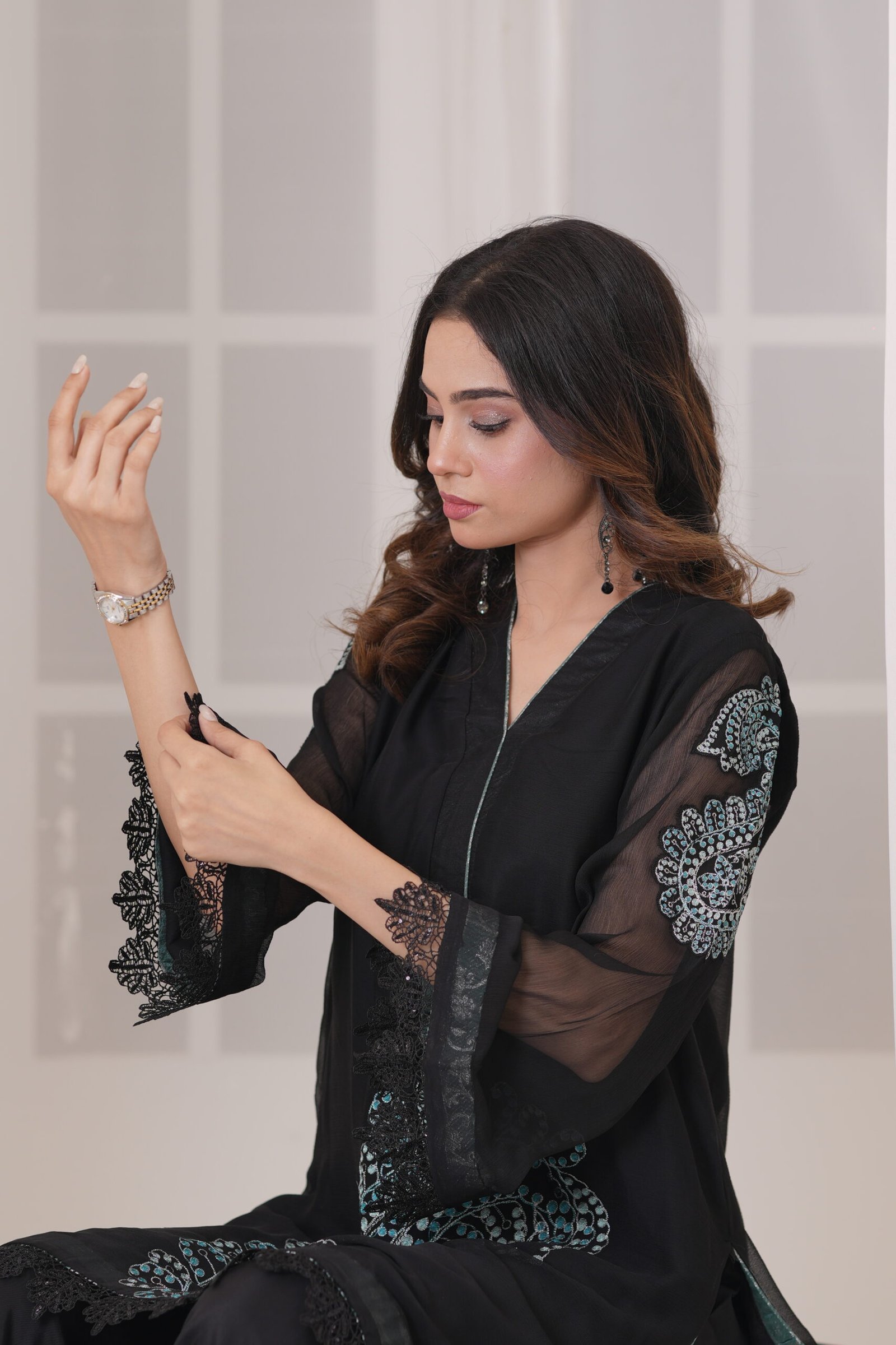 Rich Black Chiffon Embroidered 3 Piece Suit for Women – Luxury Pakistani Designer Dress | Sadia Seema - Image 12
