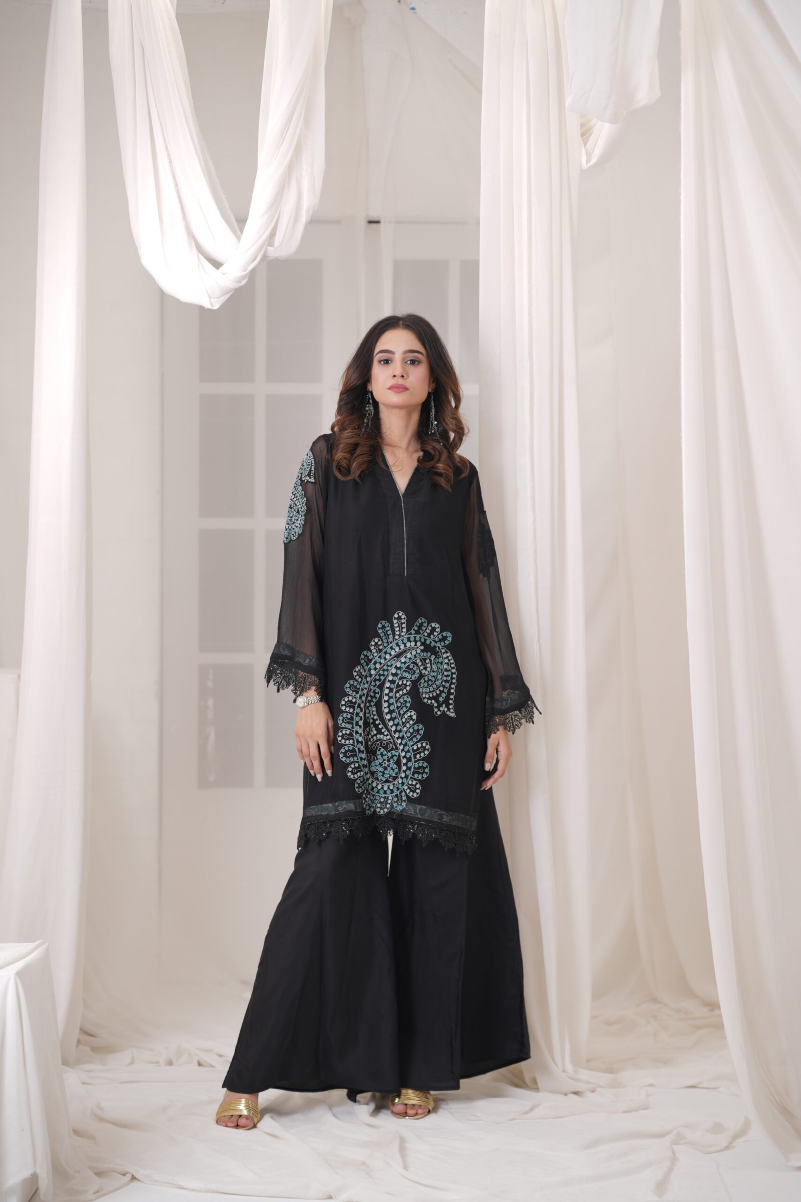 Rich Black Chiffon Embroidered 3 Piece Suit for Women – Luxury Pakistani Designer Dress | Sadia Seema - Image 11