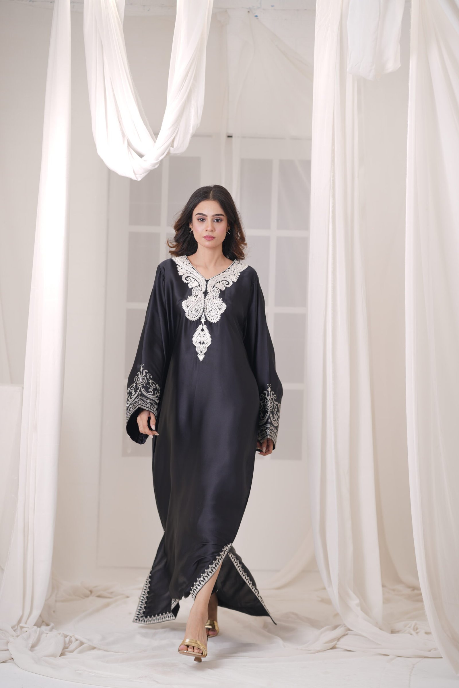 Midnight Kaftan Silk Dress for Women – Elegant Black Designer Kaftan Outfit | Sadia Seema - Image 2