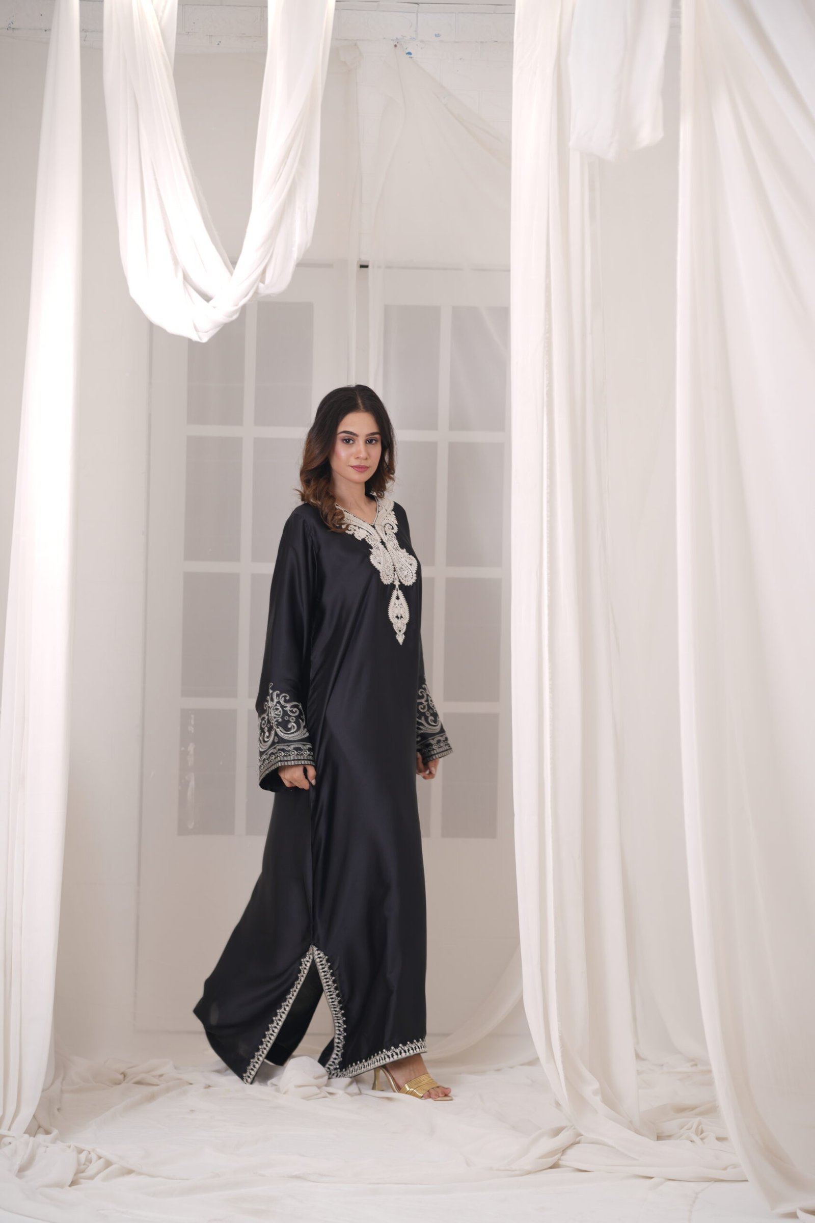Midnight Kaftan Silk Dress for Women – Elegant Black Designer Kaftan Outfit | Sadia Seema - Image 3