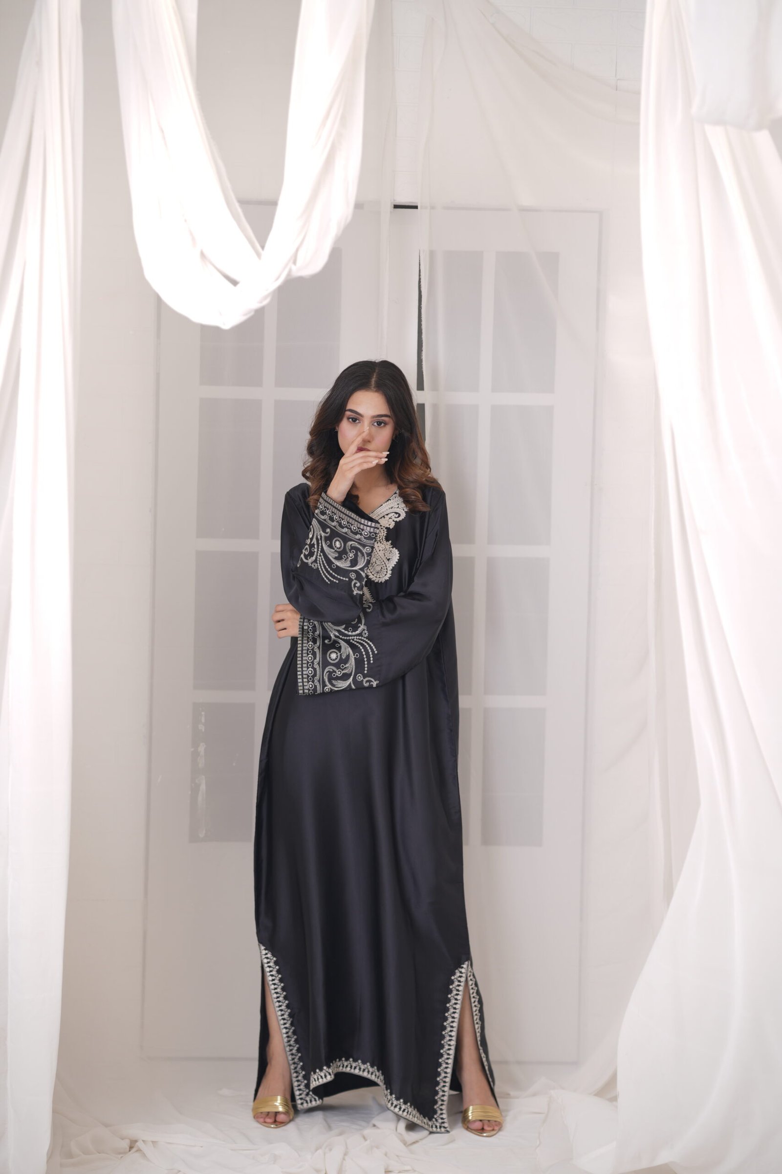 Midnight Kaftan Silk Dress for Women – Elegant Black Designer Kaftan Outfit | Sadia Seema - Image 12