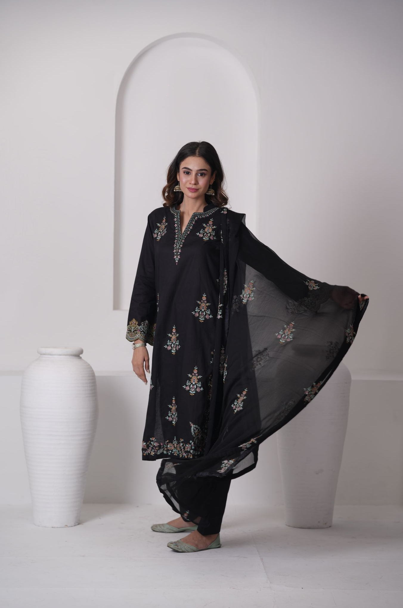 Black Aura Cotton Embroidered Dress with Chiffon Dupatta – Luxury Pakistani Designer Wear | Sadia Seema